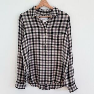 Pistola Plaid Popover Shirt Black Gray Tan Neutral Long Sleeve Soft Top Small